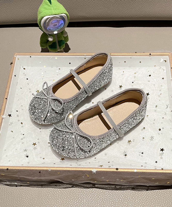 Silvery Up Flat Shoes Lace Bow