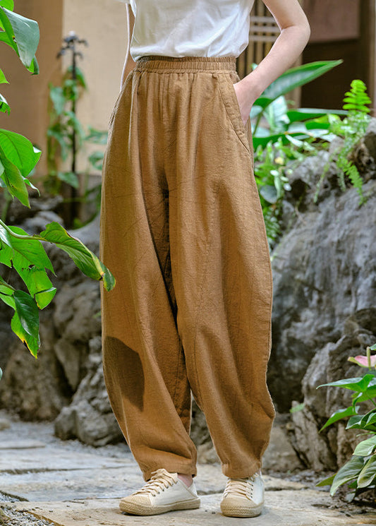 Simple Yellow Pockets Elastic Waist Linen Pants Summer Qk009