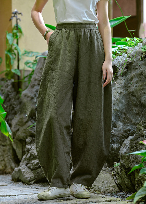 Simple Yellow Pockets Elastic Waist Linen Pants Summer Qk009