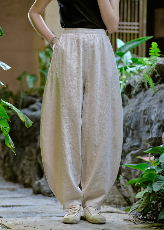 Simple Yellow Pockets Elastic Waist Linen Pants Summer Qk009