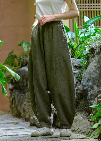 Simple Yellow Pockets Elastic Waist Linen Pants Summer Qk009