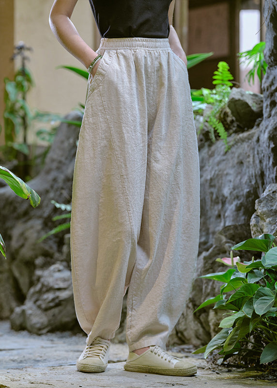 Simple Yellow Pockets Elastic Waist Linen Pants Summer Qk009