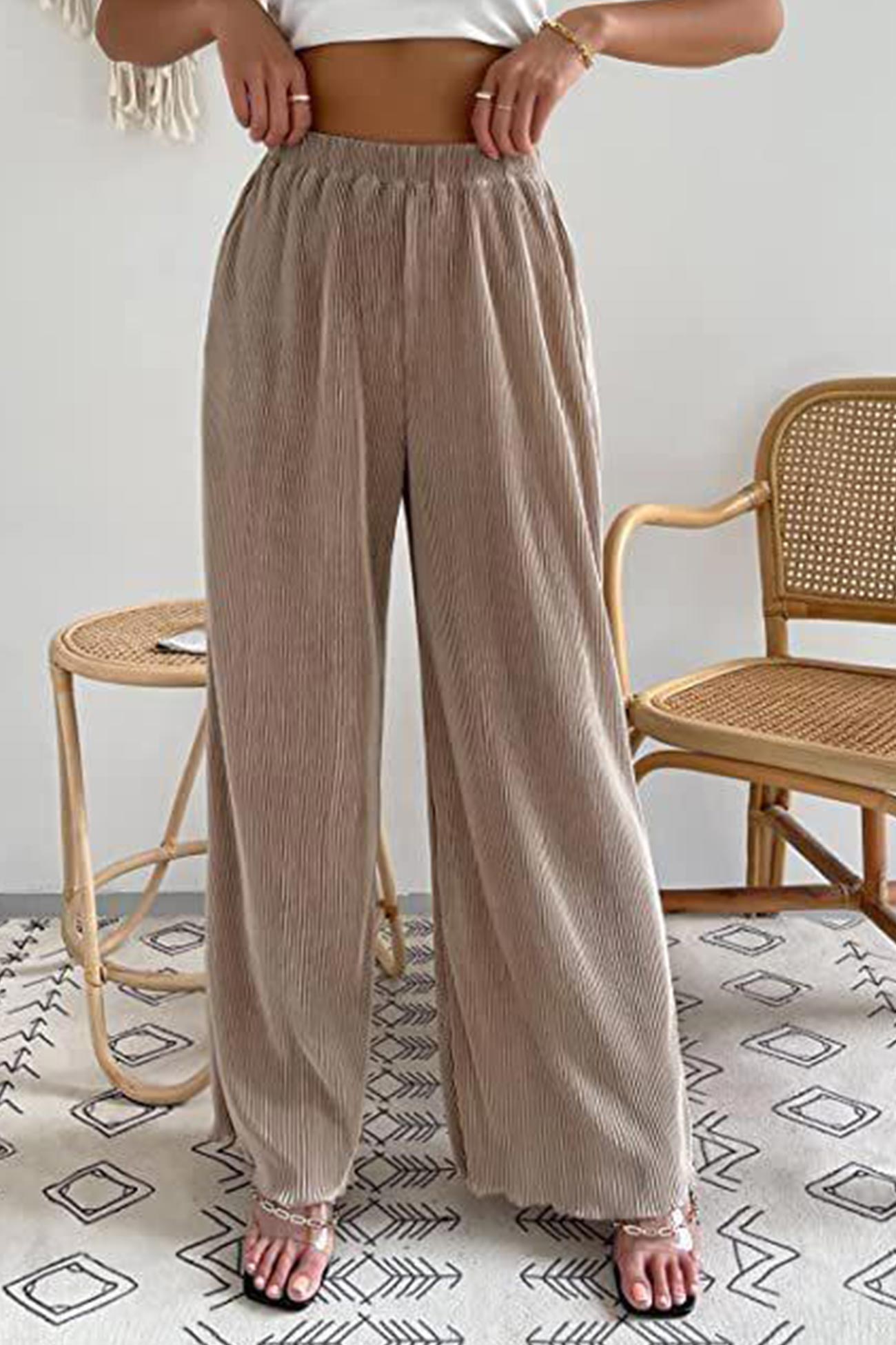 Color Elastic Waist Wide Leg Long Pants