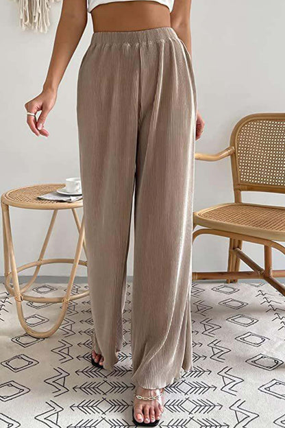 Color Elastic Waist Wide Leg Long Pants
