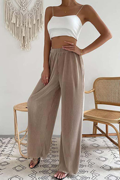 Color Elastic Waist Wide Leg Long Pants