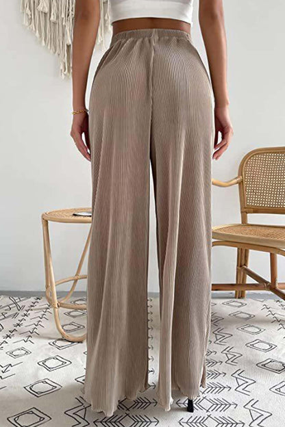 Color Elastic Waist Wide Leg Long Pants