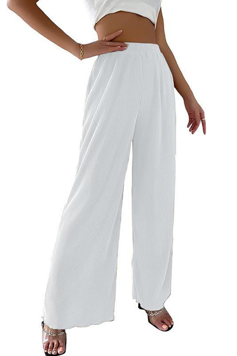 Color Elastic Waist Wide Leg Long Pants