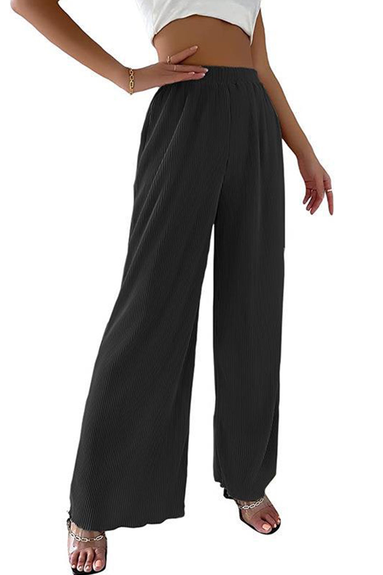 Color Elastic Waist Wide Leg Long Pants
