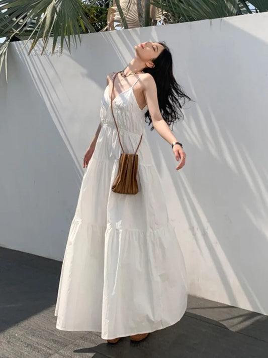 Loose Summer Dress Spaghetti Strap V-neck Vocation Vestidos Korean A-line Clothes New Long Dresses