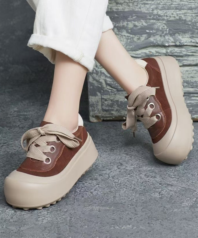 Splicing Platform Flat Shoes Brown Cowhide Leather Lace Up Yc019