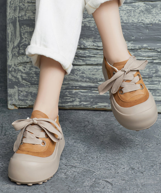 Splicing Platform Flat Shoes Brown Cowhide Leather Lace Up Yc019