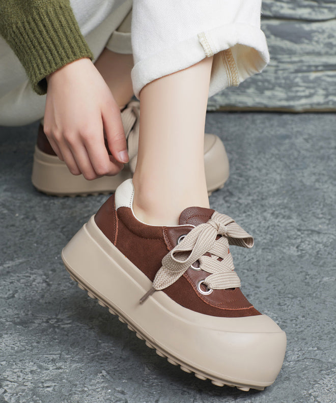 Splicing Platform Flat Shoes Brown Cowhide Leather Lace Up Yc019