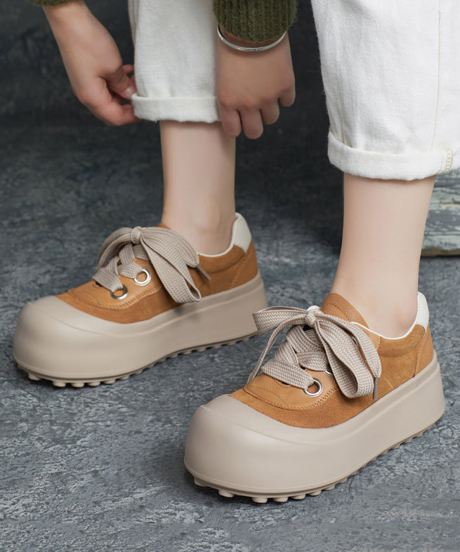 Splicing Platform Flat Shoes Brown Cowhide Leather Lace Up Yc019