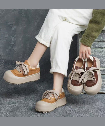 Splicing Platform Flat Shoes Brown Cowhide Leather Lace Up Yc019