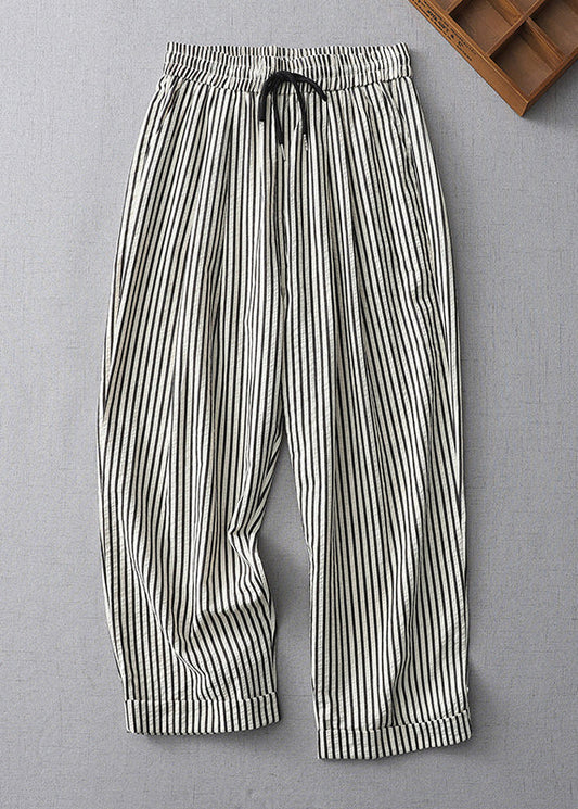 Striped Lace Up Elastic Waist Cotton Crop Pants Summer Gg020