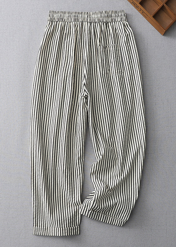 Striped Lace Up Elastic Waist Cotton Crop Pants Summer Gg020