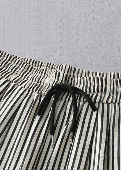 Striped Lace Up Elastic Waist Cotton Crop Pants Summer Gg020