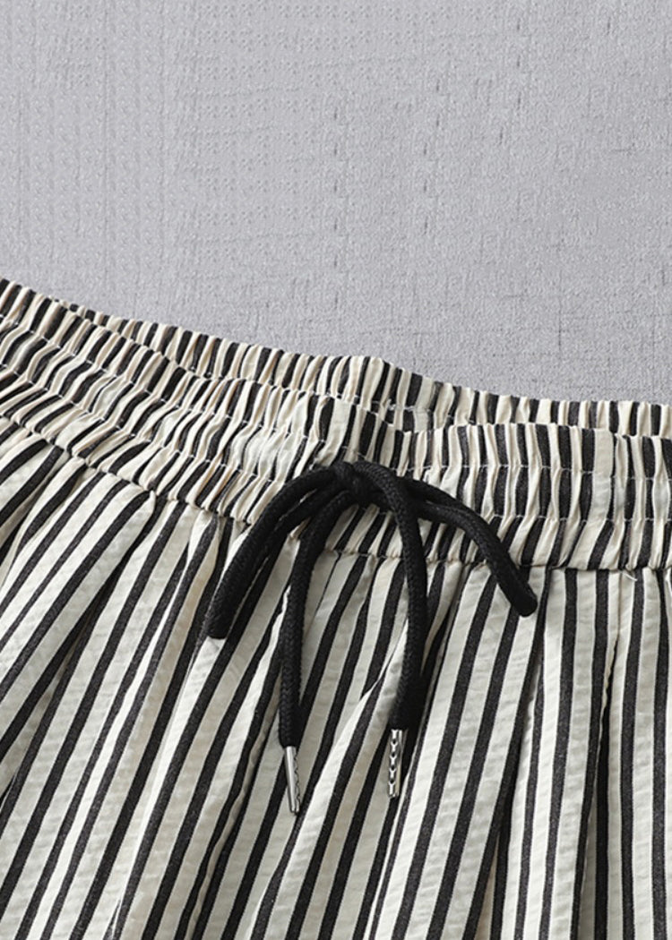 Striped Lace Up Elastic Waist Cotton Crop Pants Summer Gg020