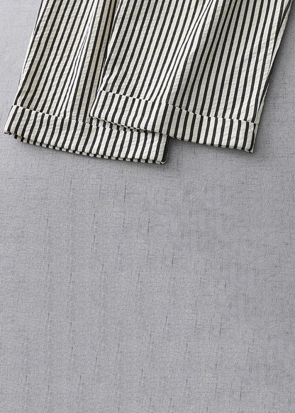 Striped Lace Up Elastic Waist Cotton Crop Pants Summer Gg020