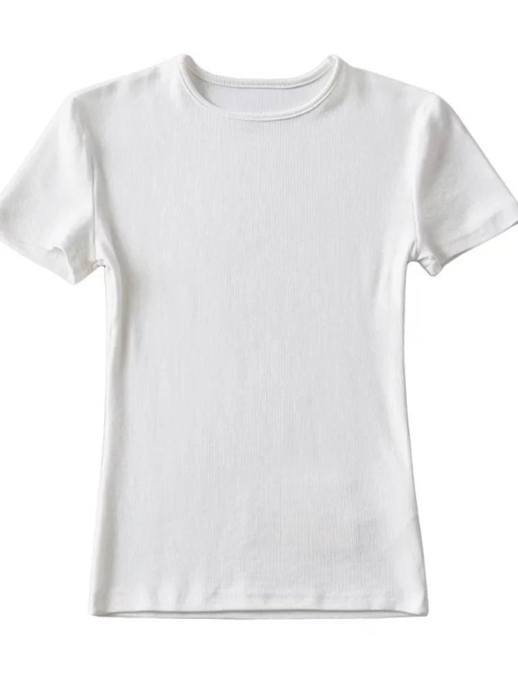 Summer Woman Skinny Fit T-shirt Tight Short-sleeve O-neck Tee Basic Crop Tops T Shirt