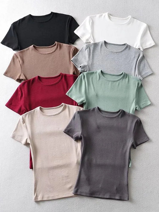 Summer Woman Skinny Fit T-shirt Tight Short-sleeve O-neck Tee Basic Crop Tops T Shirt