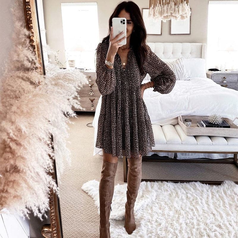 V-neck Long Sleeve Button Mini Dress
