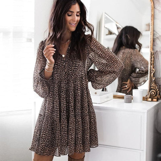 V-neck Long Sleeve Button Mini Dress