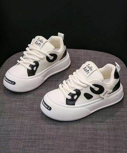 Versatile Beige Black Flats Shoes Lace Up Kj038