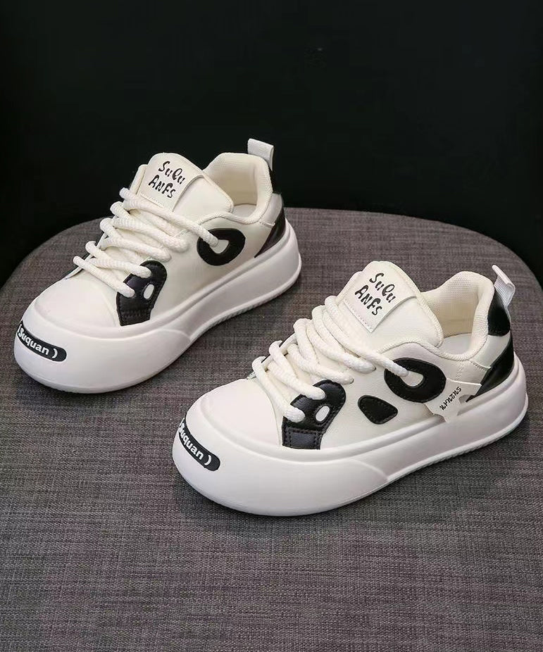 Versatile Beige Black Flats Shoes Lace Up Kj038