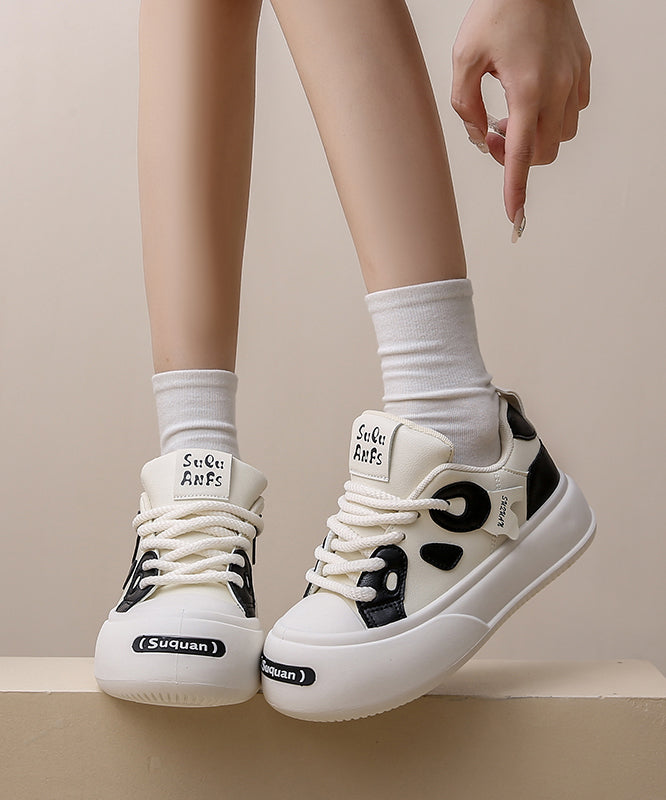 Versatile Beige Black Flats Shoes Lace Up Kj038