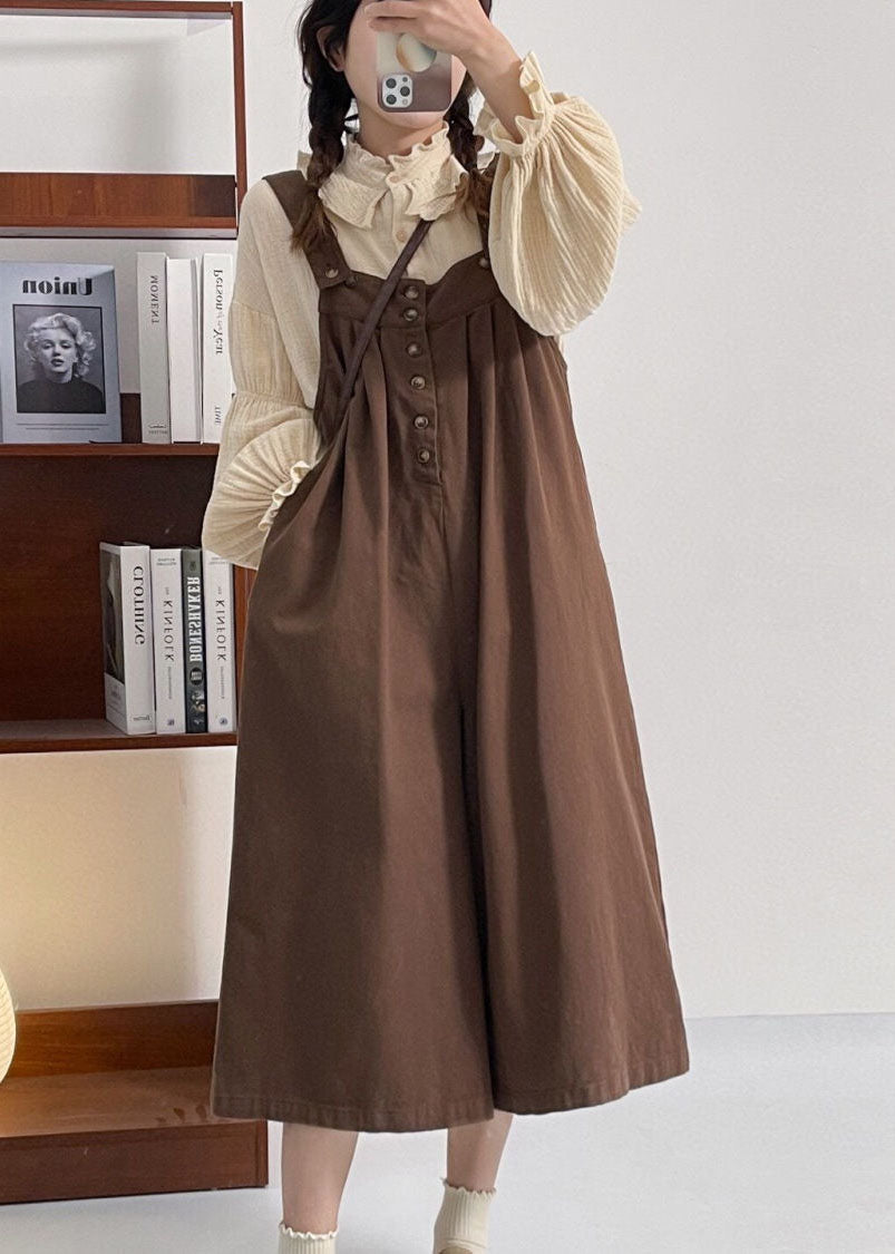Versatile Coffee Cotton Shoulder Strap Pants Summer Ff026
