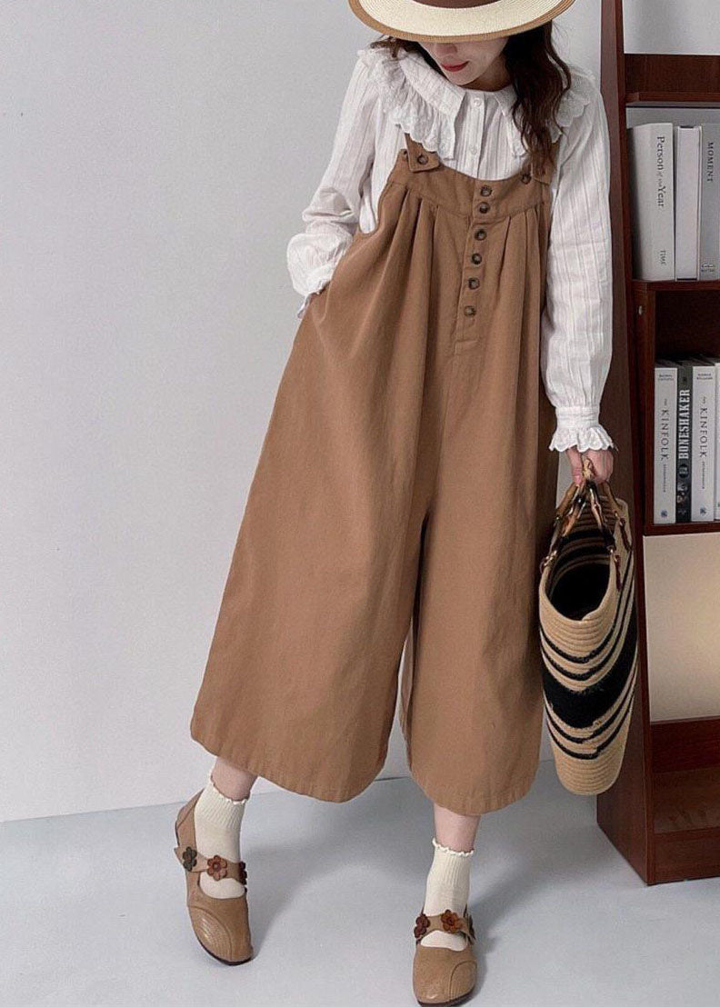 Versatile Coffee Cotton Shoulder Strap Pants Summer Ff026