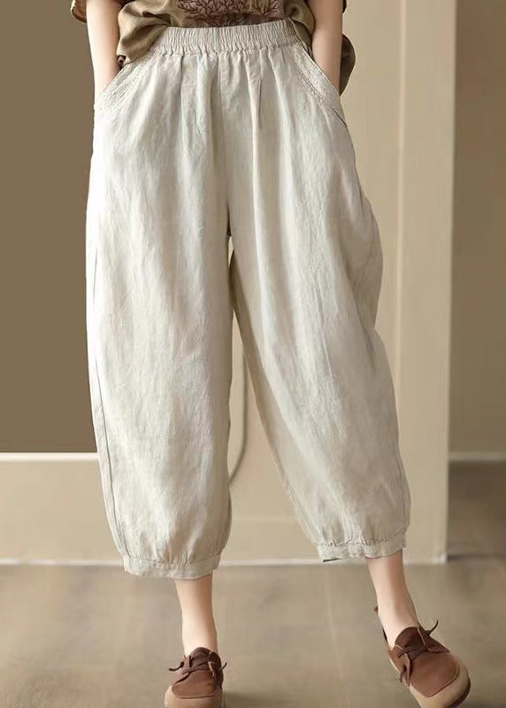 Linen Color Pockets Elastic Waist Harem Pants Summer Bv047