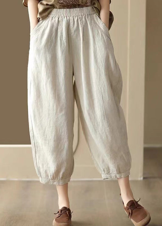 Linen Color Pockets Elastic Waist Harem Pants Summer Bv047