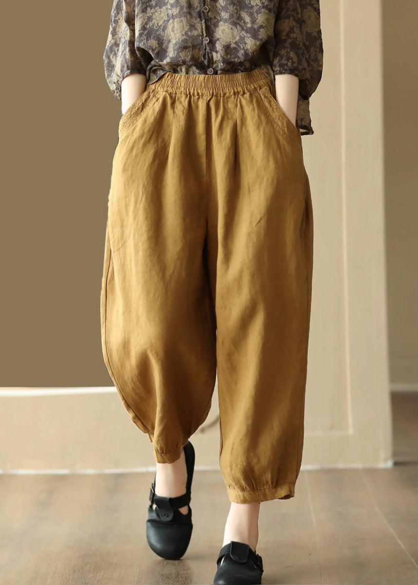 Linen Color Pockets Elastic Waist Harem Pants Summer Bv047