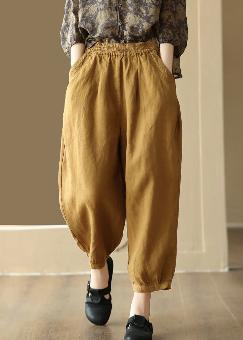 Linen Color Pockets Elastic Waist Harem Pants Summer Bv047