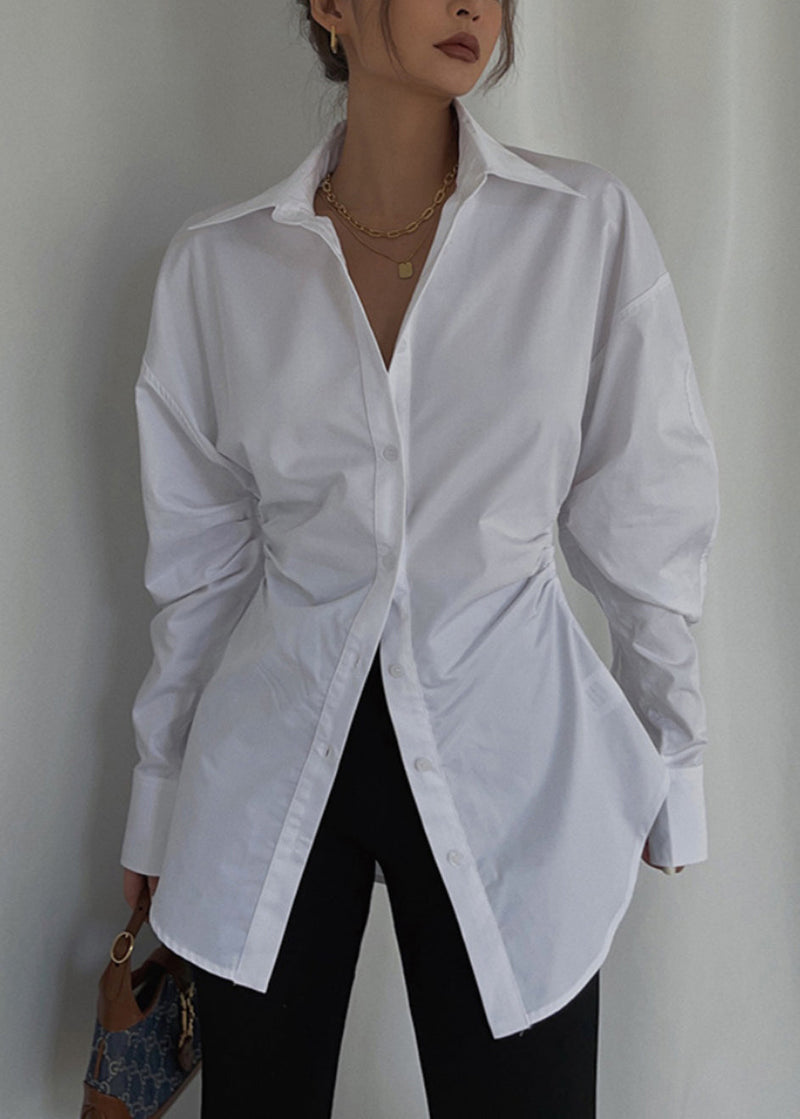 White Cinched Cotton Blouse Tops Spring Tz028