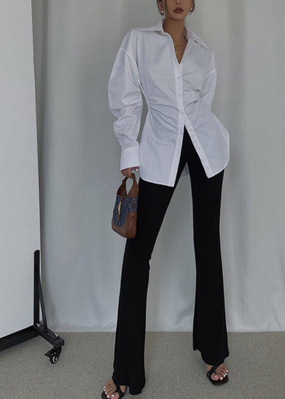 White Cinched Cotton Blouse Tops Spring Tz028