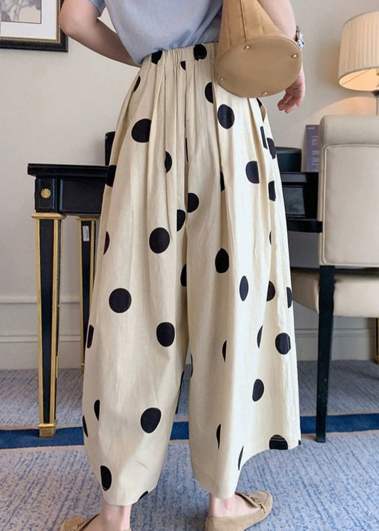 White Dot Print Elastic Waist Crop Wide Leg Pants Summer Tr006