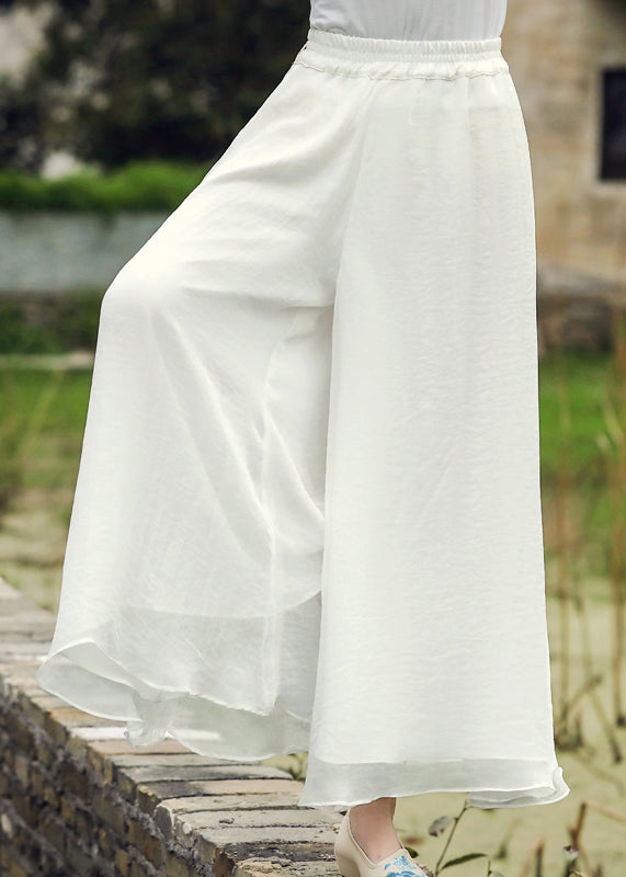 White Elastic Waist Silk Wide Leg Pants Fall Wp037