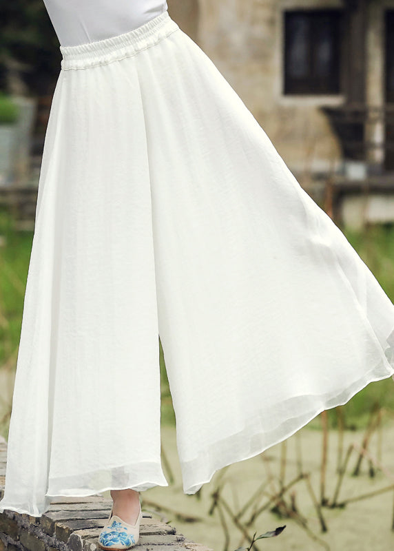 White Elastic Waist Silk Wide Leg Pants Fall Wp037