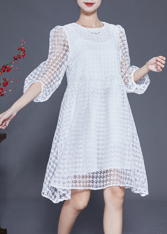 White Hollow Out Exra Large Hem Tulle Maxi Dress Puff Sleeve Ly1844