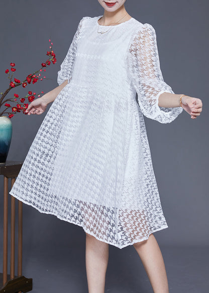 White Hollow Out Exra Large Hem Tulle Maxi Dress Puff Sleeve Ly1844