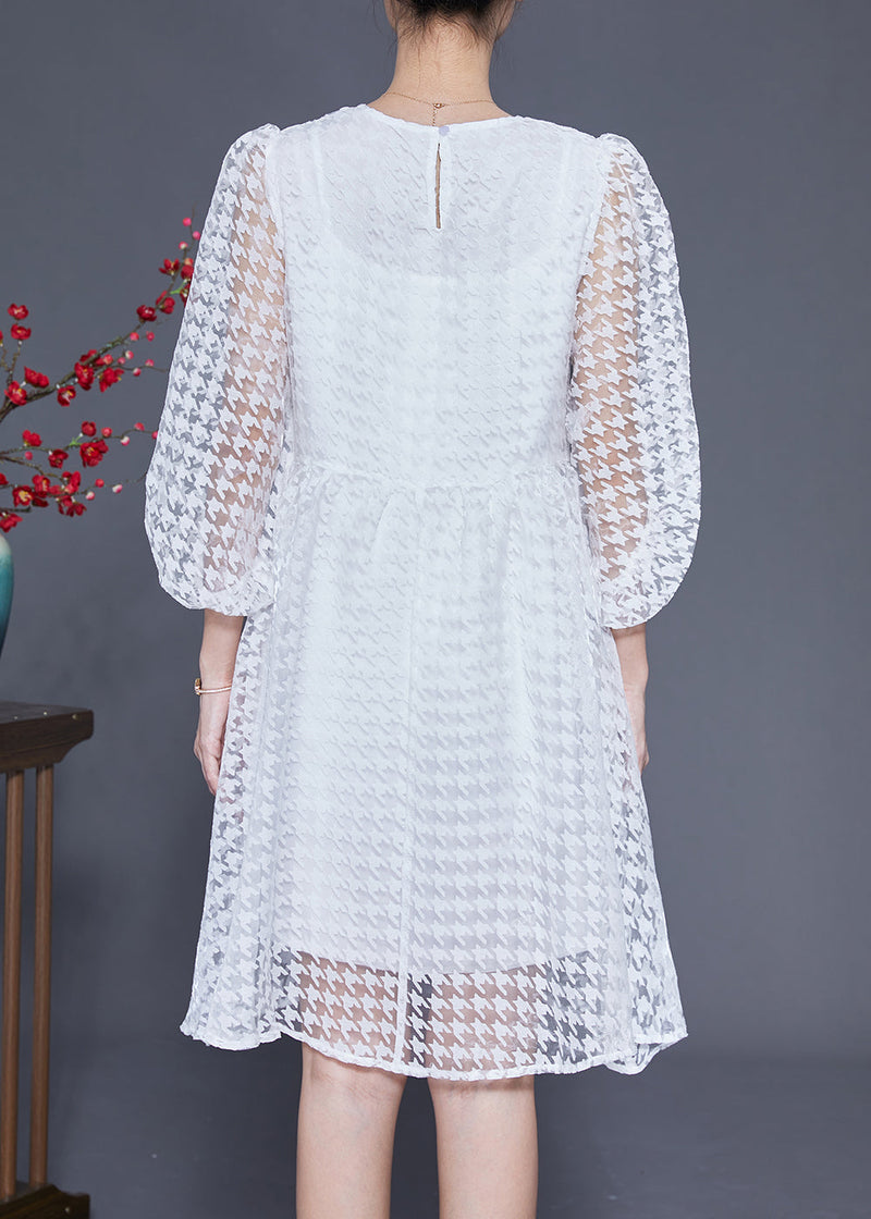 White Hollow Out Exra Large Hem Tulle Maxi Dress Puff Sleeve Ly1844