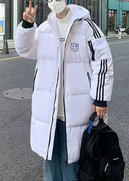White Hooded Striped Print Duck Down Down Coat Winterrm015