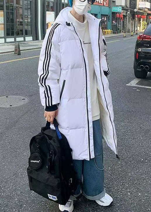 White Hooded Striped Print Duck Down Down Coat Winterrm015
