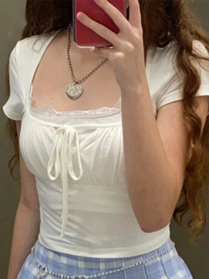 White Knitted Lac Patched Female T-shirts Y2k Korean Style Slim Tie Up Shirring Summer Top Tee Folds Outfits