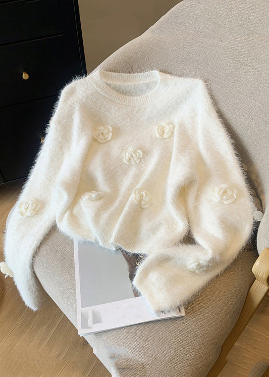 White O-neck Mink Hair Knitted Sweaters Winter Wr033