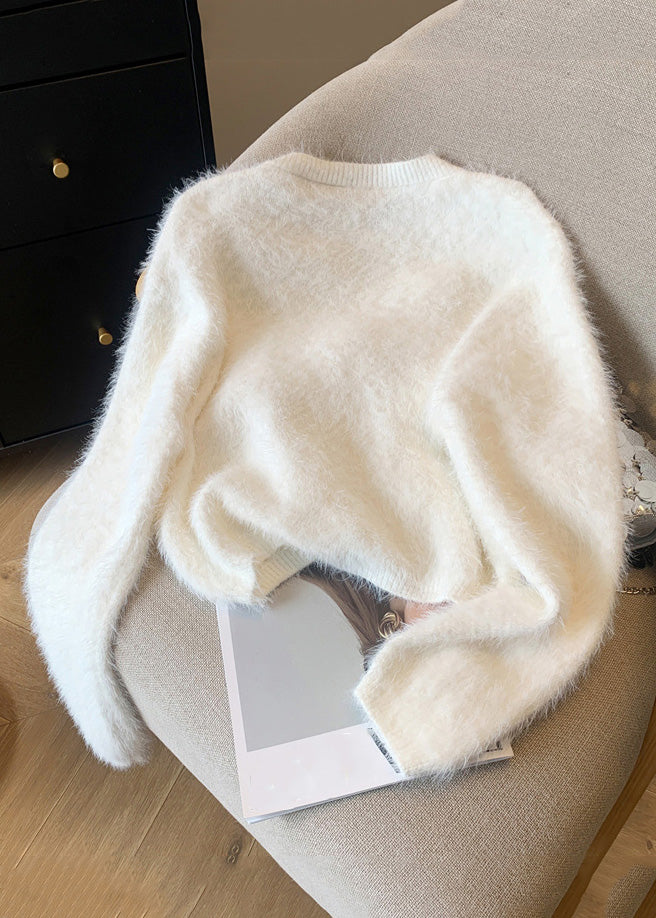 White O-neck Mink Hair Knitted Sweaters Winter Wr033