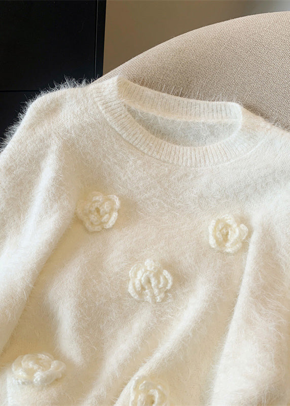 White O-neck Mink Hair Knitted Sweaters Winter Wr033